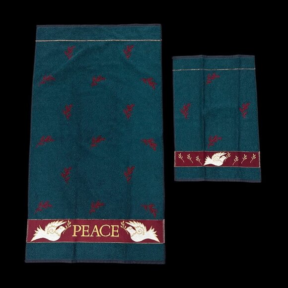 Vintage Christmas Bath Towel Hand Towel Set 1990s Santens USA Peace Dove Cotton - Picture 3 of 8